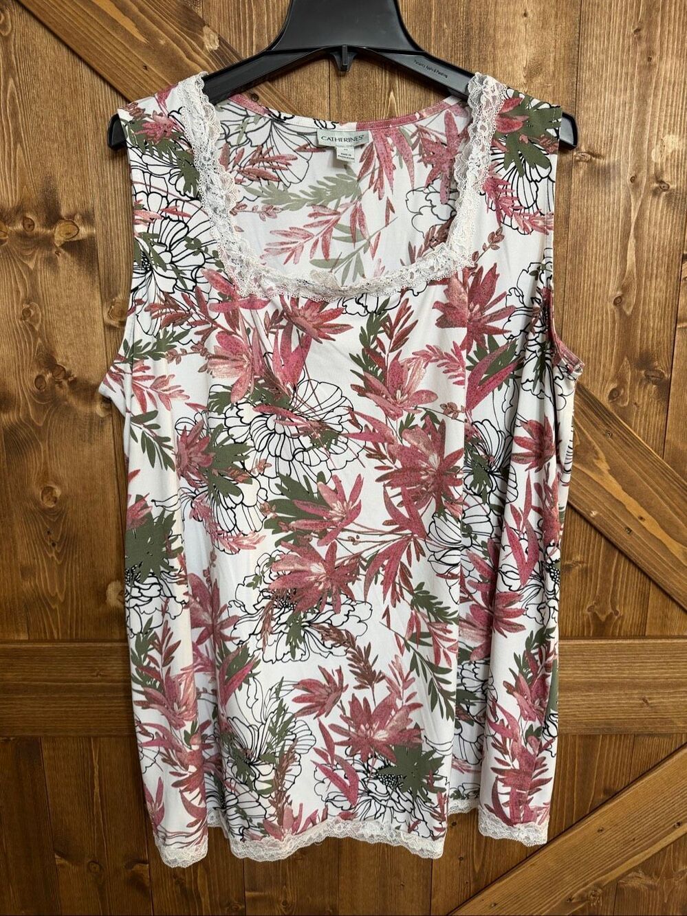 Catherines Women’s 2X Floral Lace Trim Sleeveless Tunic Top Pink Green White(935